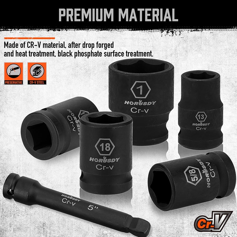 Detalle de HORUSDY 84012 1/2-Inch Drive Shallow Impact Socket Set, SAE and Metric, 6-Point