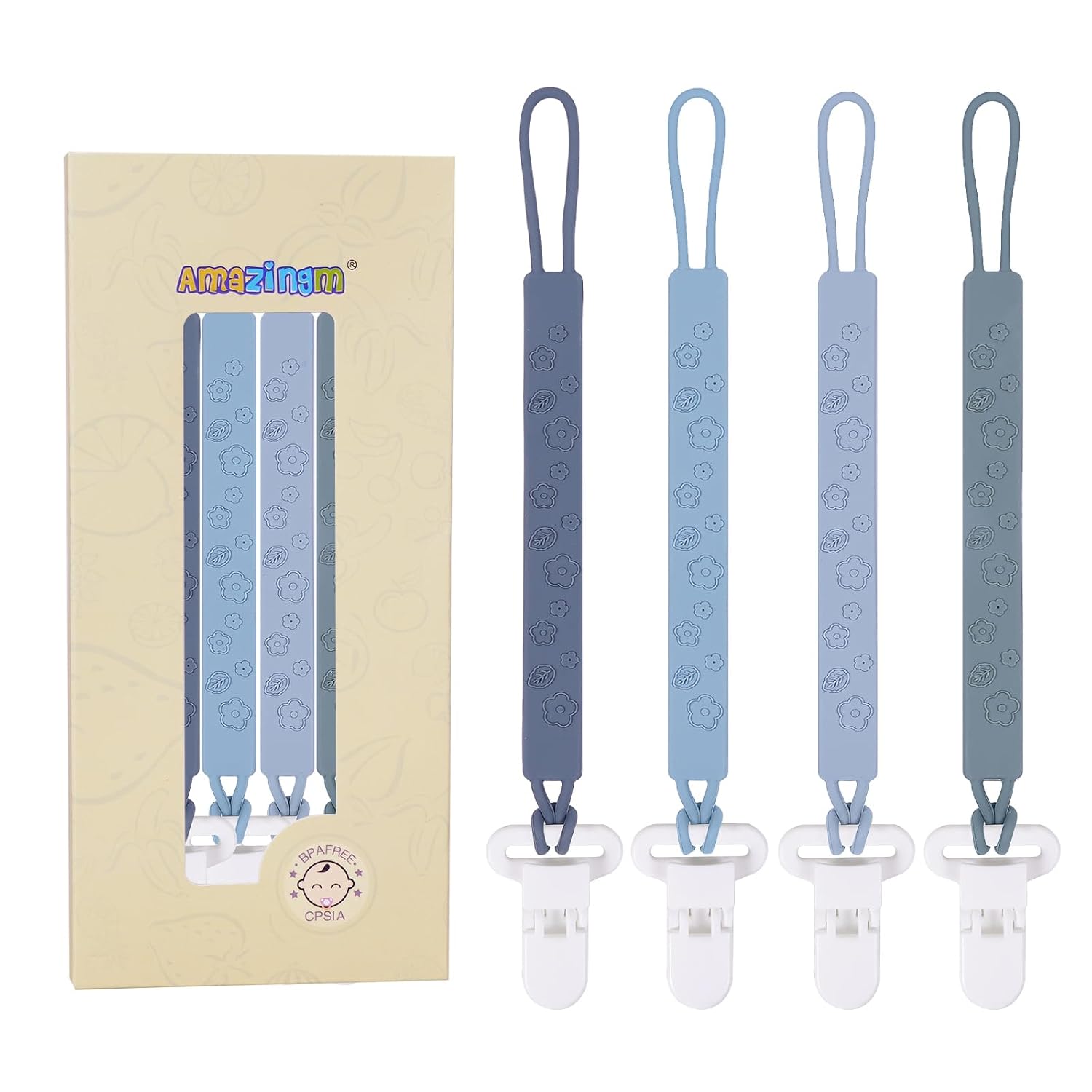 Thumbnail 5 de AmazingM One-Piece Silicone Pacifier Clips, 4-Pack, Flowers & Leaves in Gray