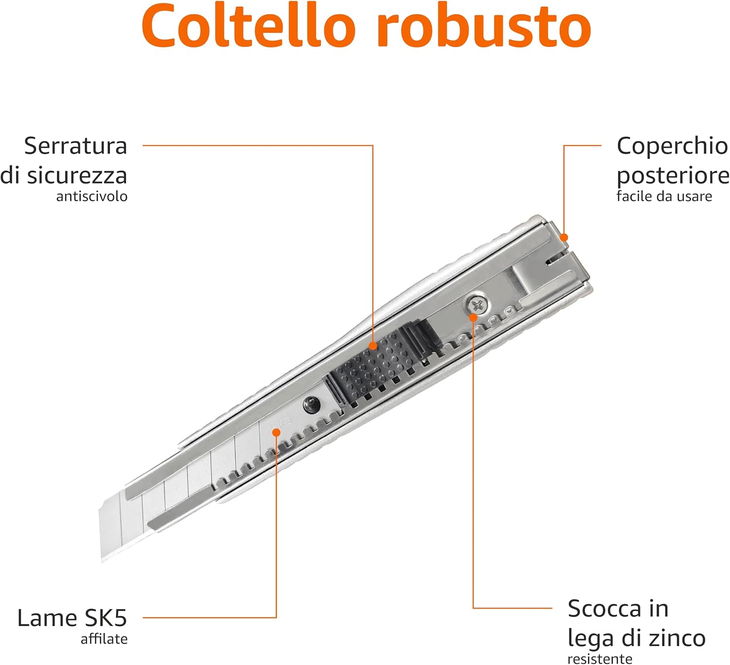 Detalle de Amazon Basics Taglierino multiuso autobloccante con corpo in lega di zinco – confezione 2 pezzi + 20 lame SK5 (18 mm e 9 mm) – Argento