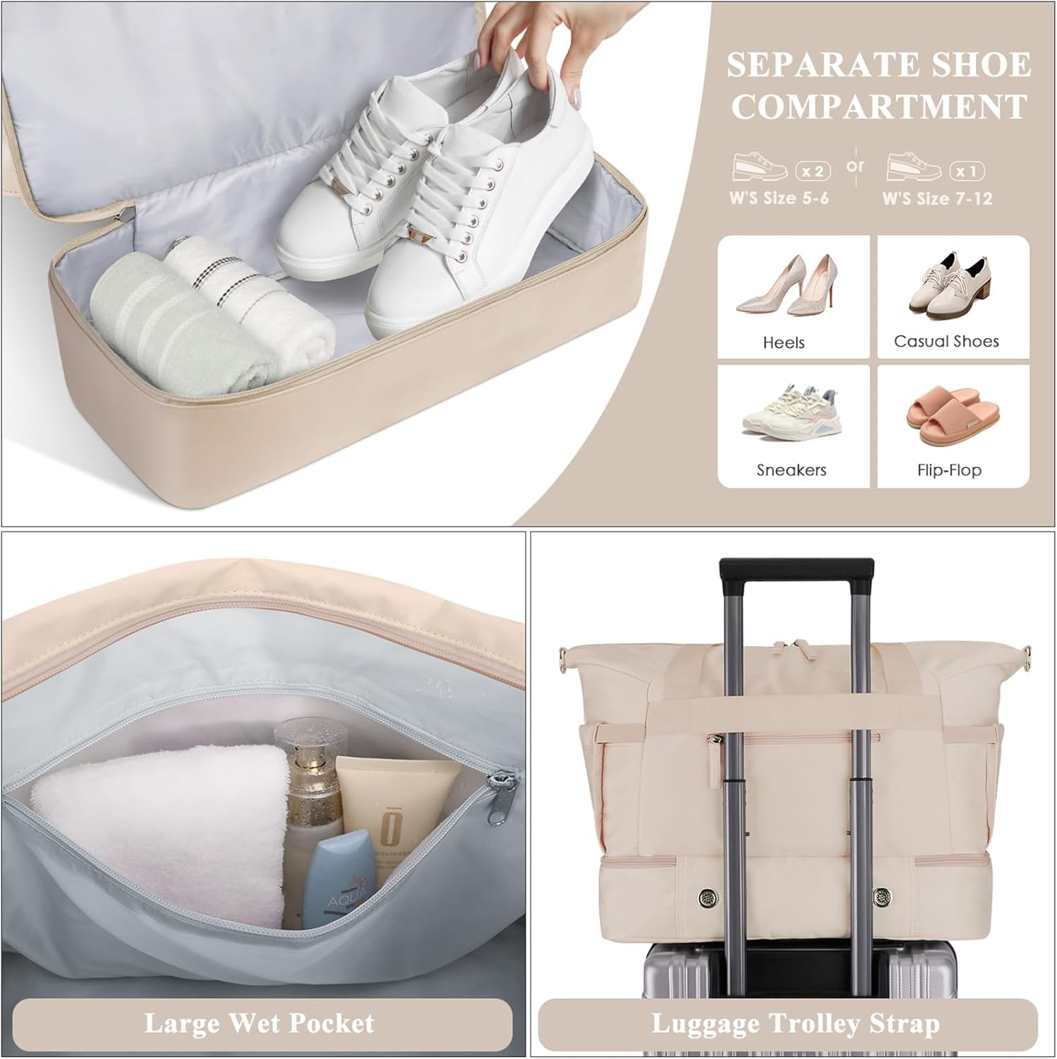 Detalle de ETRONIK Gym Bag Womens: Versatile 45x36x20cm Travel Duffel with Wet Pocket, Shoe Compartment and USB Charge