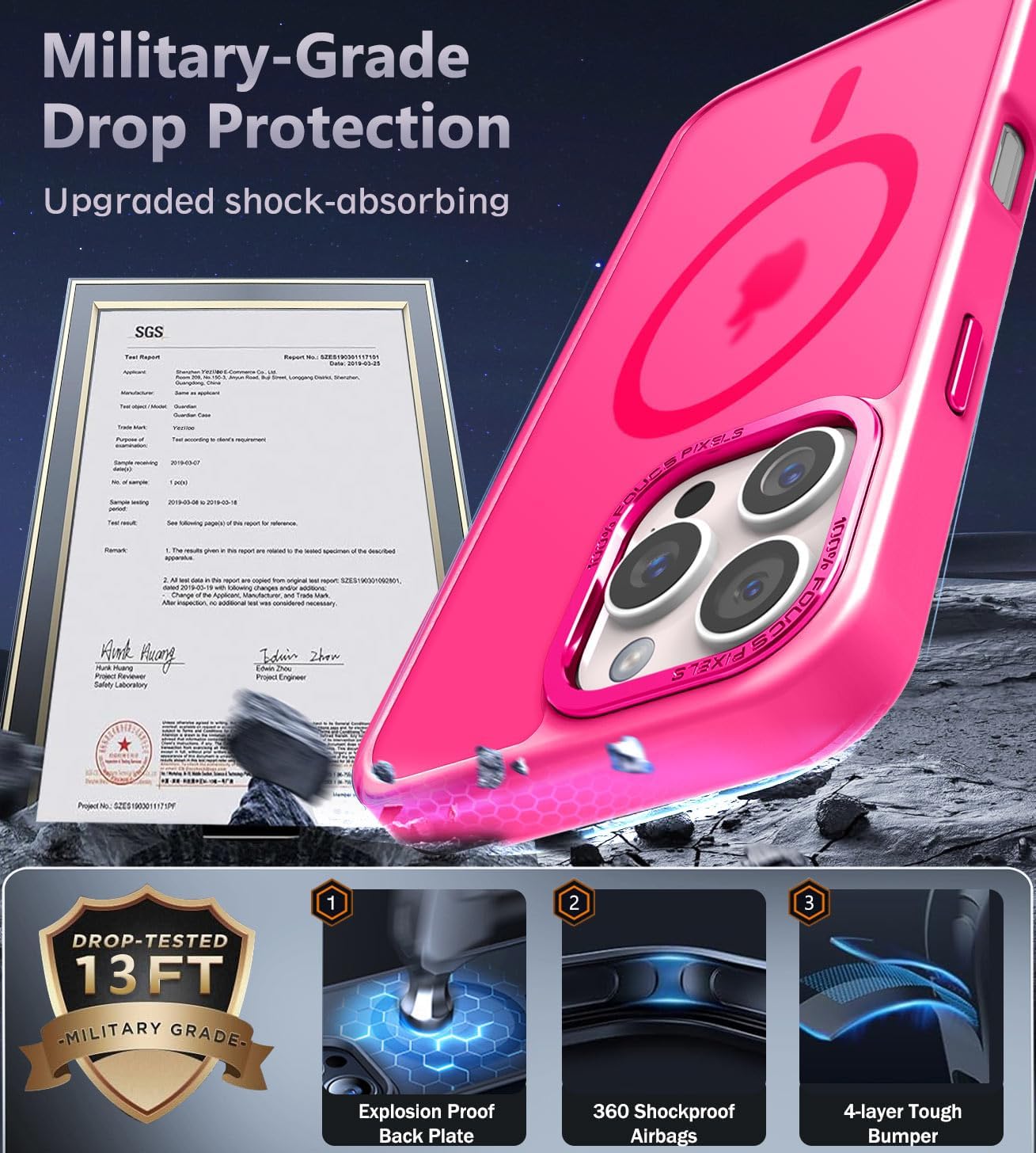 Detalle de Newfuture MagSafe Case for iPhone 16 Pro – Hot Pink, Slim, 13 FT Drop Protection