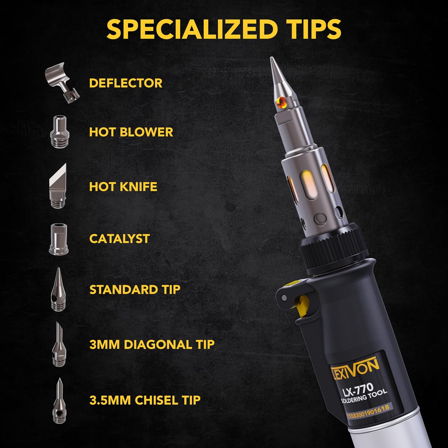 Detalle de LEXIVON LX-770 Butane Soldering Iron Kit, 7 Tips and Adjustable Flame