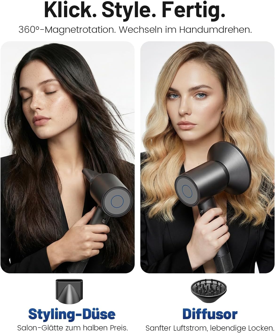Detalle de BANNILU Föhn mit Diffusor – ultraleicht, 160.000 U/min, 65 m/s, Diffusor & Magnetaufsätze, 370 g