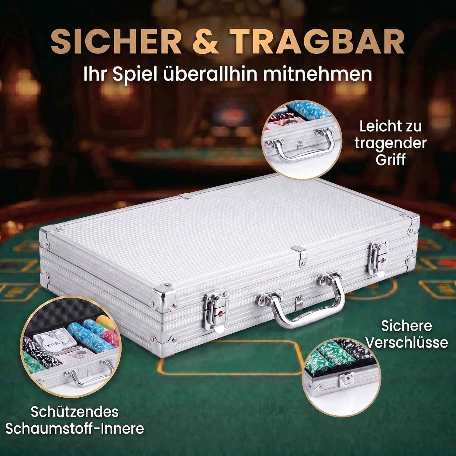 Detalle de Profi Pokerkoffer Pokerset inkl. 300–500 schwere 12 g Metallkern-Chips, inkl. Deck, Karten, Würfel, Dealer-Button – abschließbarer Alu-Koffer