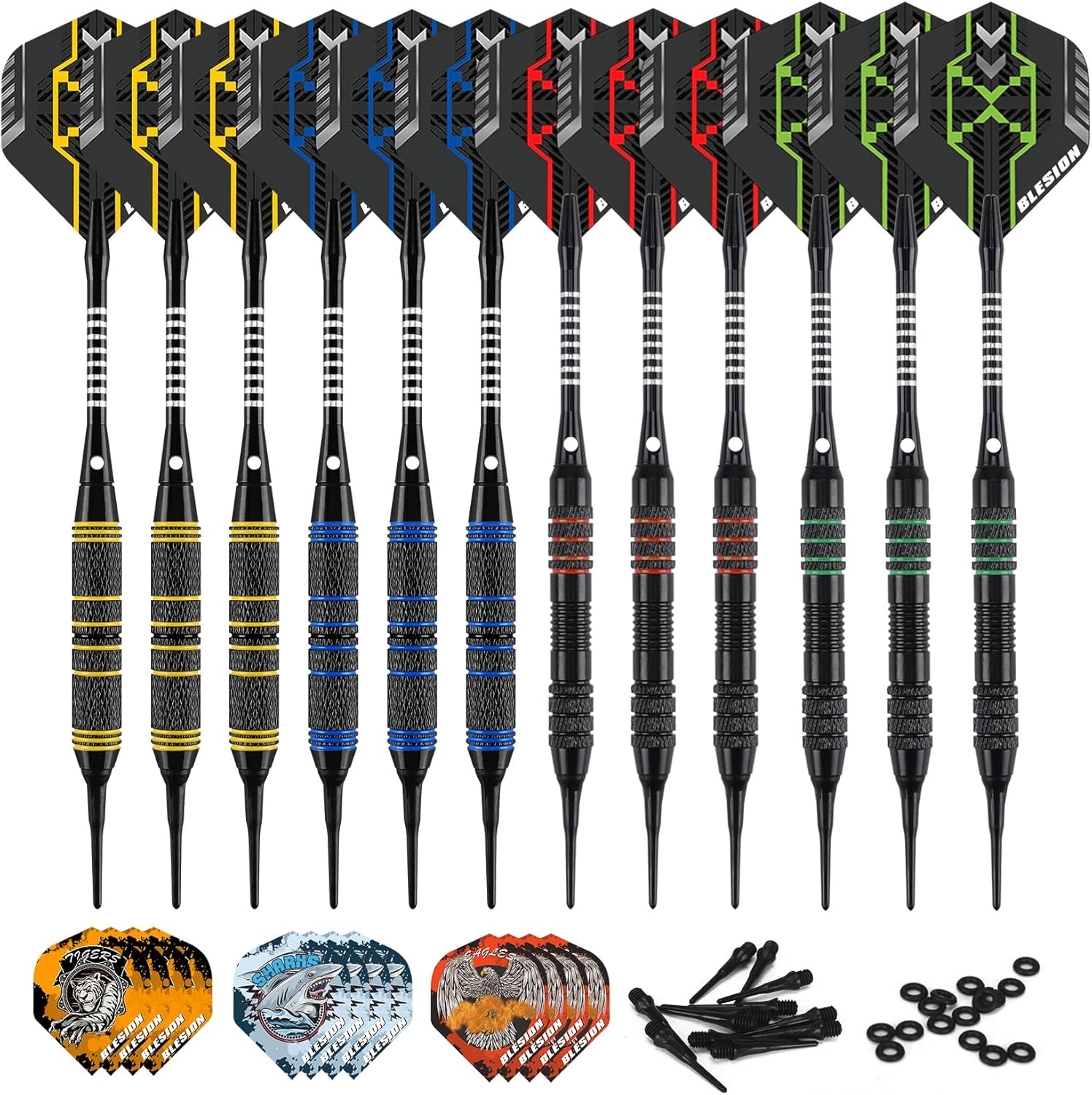 BLESION Flechette Pointe Plastique 12 pièces 18 g avec 50 pointes et 20 joints toriques pour fléchettes électroniques