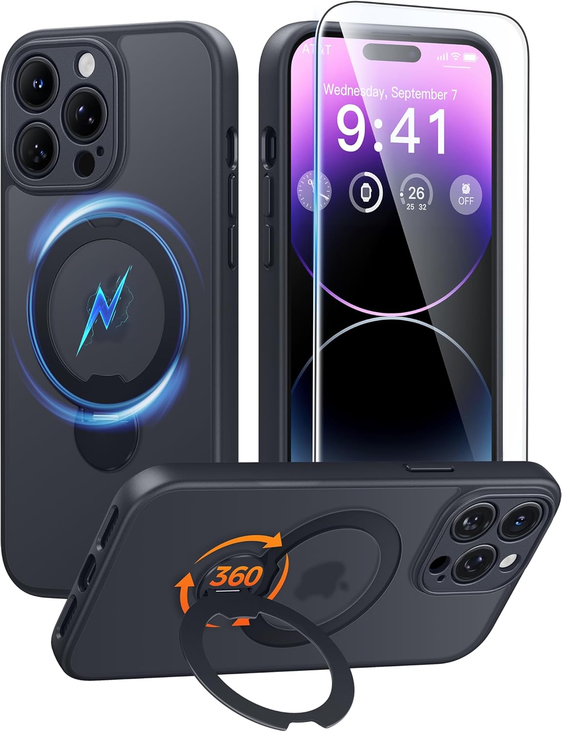 Detalle de FNTCASE for iPhone 14 Pro Max: 360 Spin Magnetic Stand Case with Screen Protector