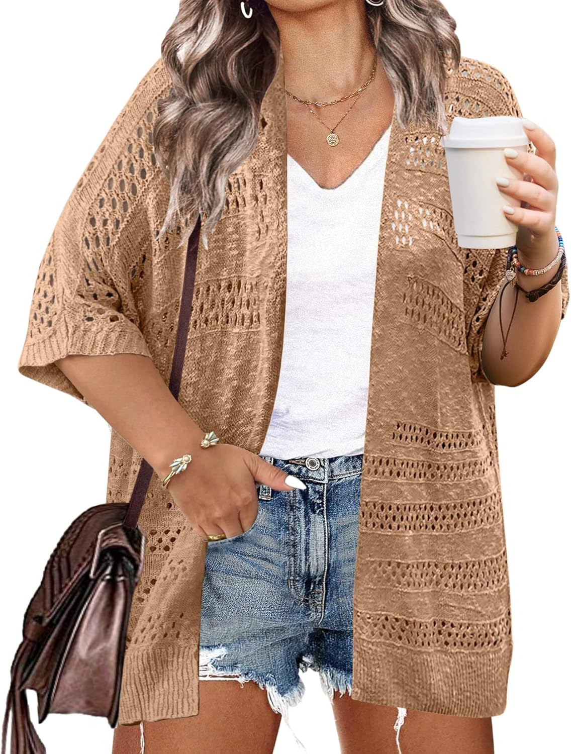 Detalle 2 de IN'VOLAND Plus Size Lightweight Crochet Cardigan for Women