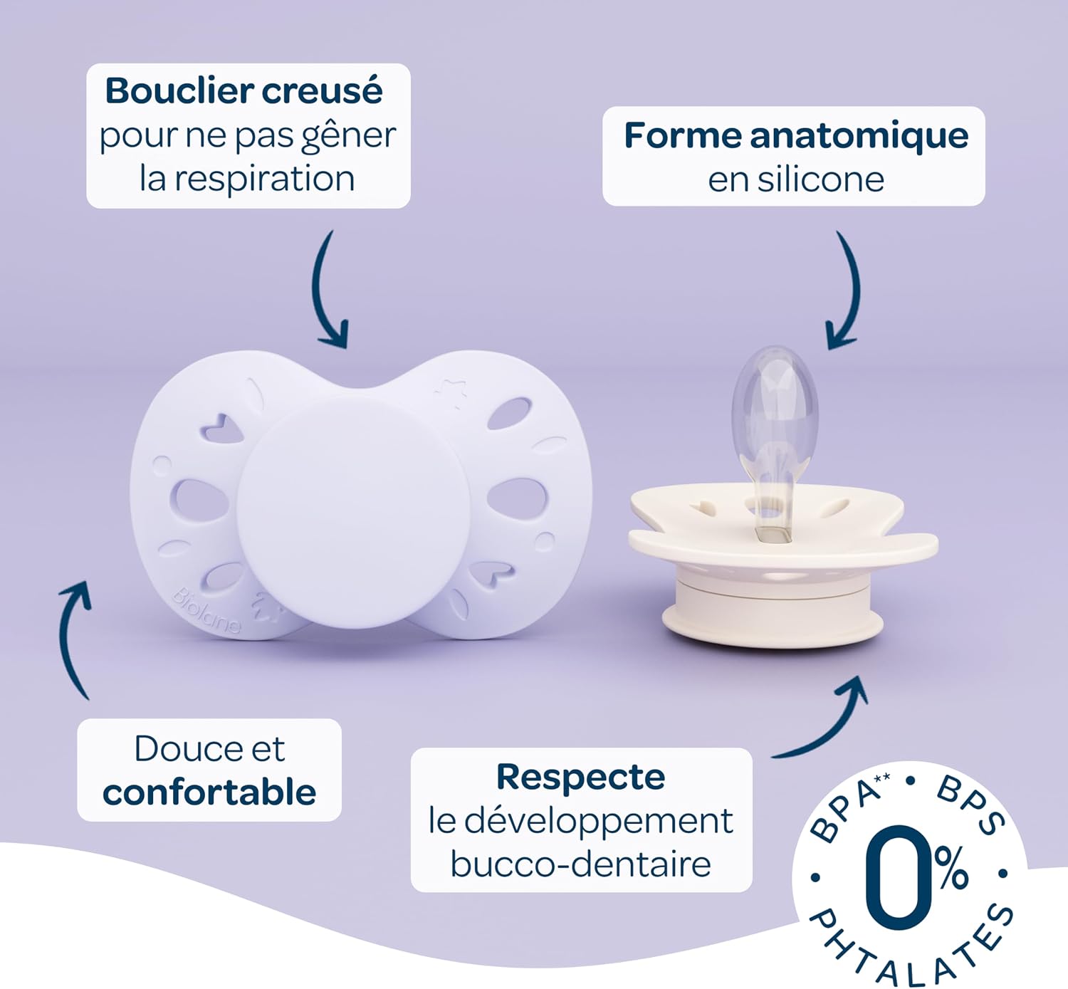 Detalle de BIOLANE Tétines anatomiques 6–18 mois, Sucettes extra-fines Lilas et beige