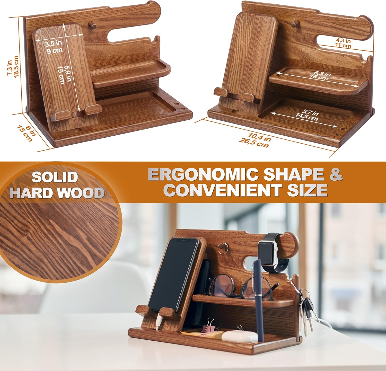 Thumbnail 6 de Teslyar Gifts for Men Solid Ash Wood Phone Docking Station with Key Holder, Wallet & Watch Stand (Light Brown)