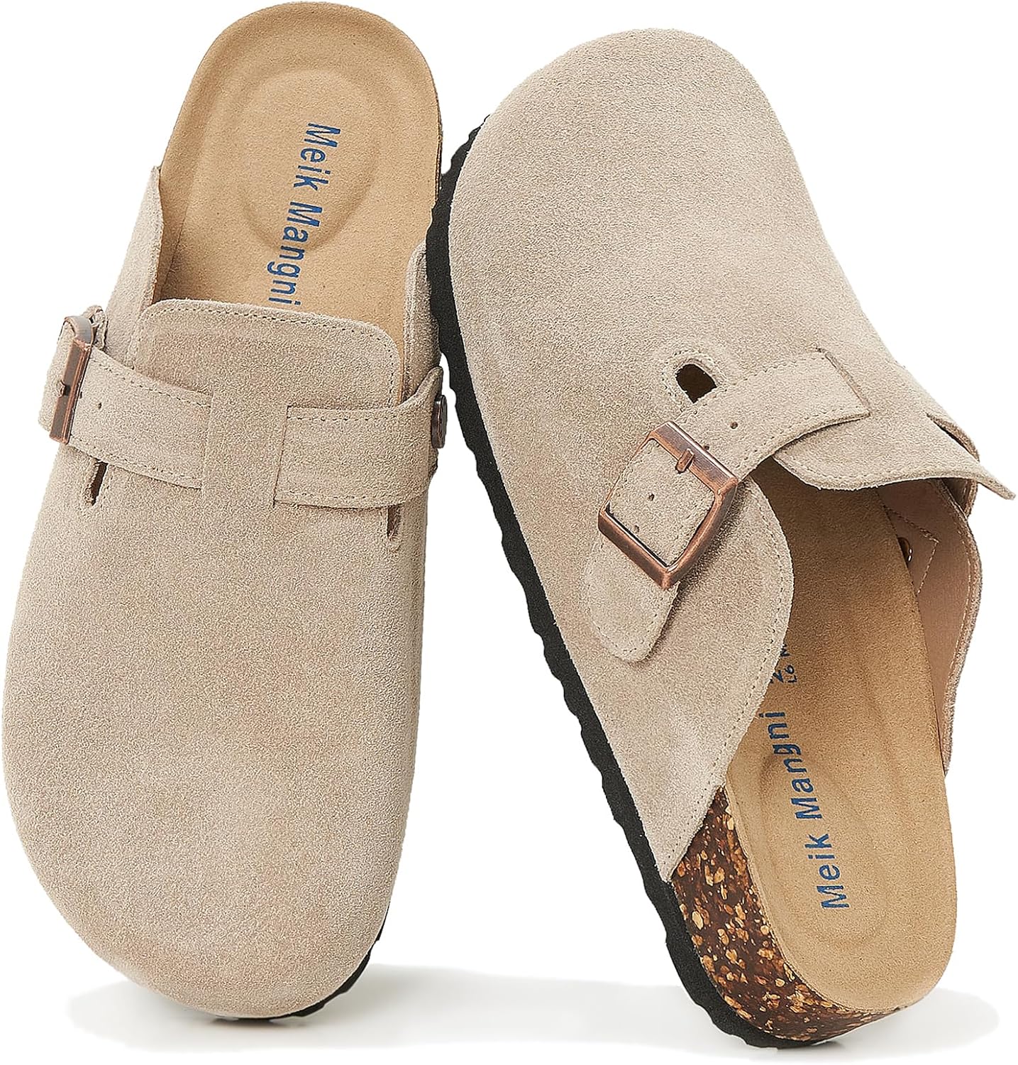 Detalle de Meik Mangni Mules et Sabots en daim avec semelle en liège, gris clair – confort et style polyvalent (38 EU)