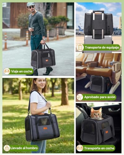 Detalle de Morpilot Transportín Perro Gato, bolsa transporte transpirable 44×31×34 cm para mascotas (negro) + tazón plegable y cojín suave