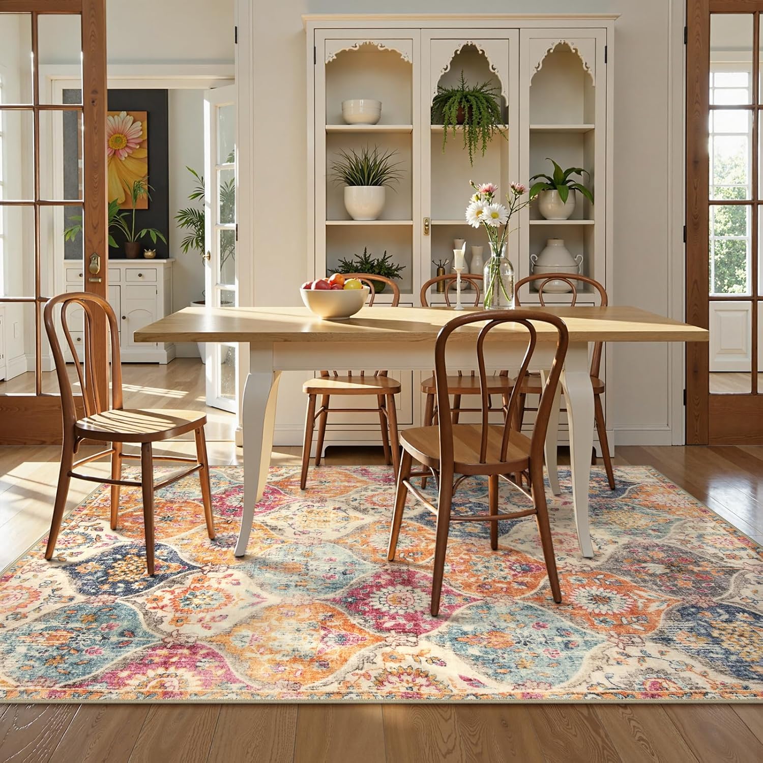 Thumbnail 4 de Lahome Moroccan Trellis Washable Area Rug (5x7) — Cream/Multi, low-pile non-slip indoor rug