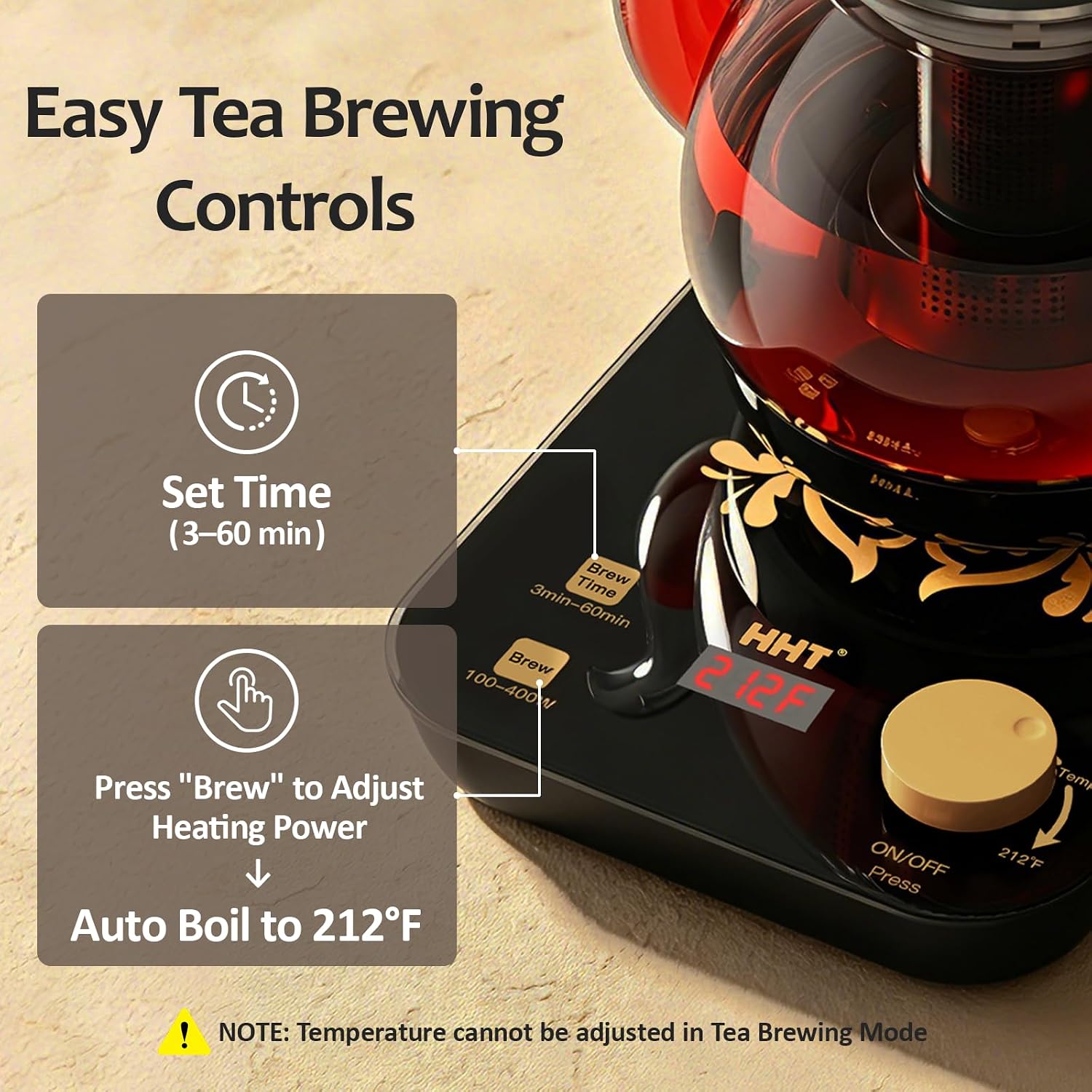 Detalle 2 de HHT HK-A1 Electric Tea Kettle, 0.8 L Glass Infuser, Time & Temperature Control