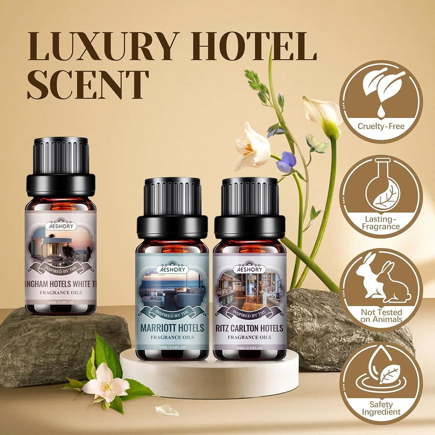 Detalle de AESHORY 6 x 10ml Hotel Essential Oils Set for Diffusers, Humidifiers & DIY (Fancy hotel-inspired scents)