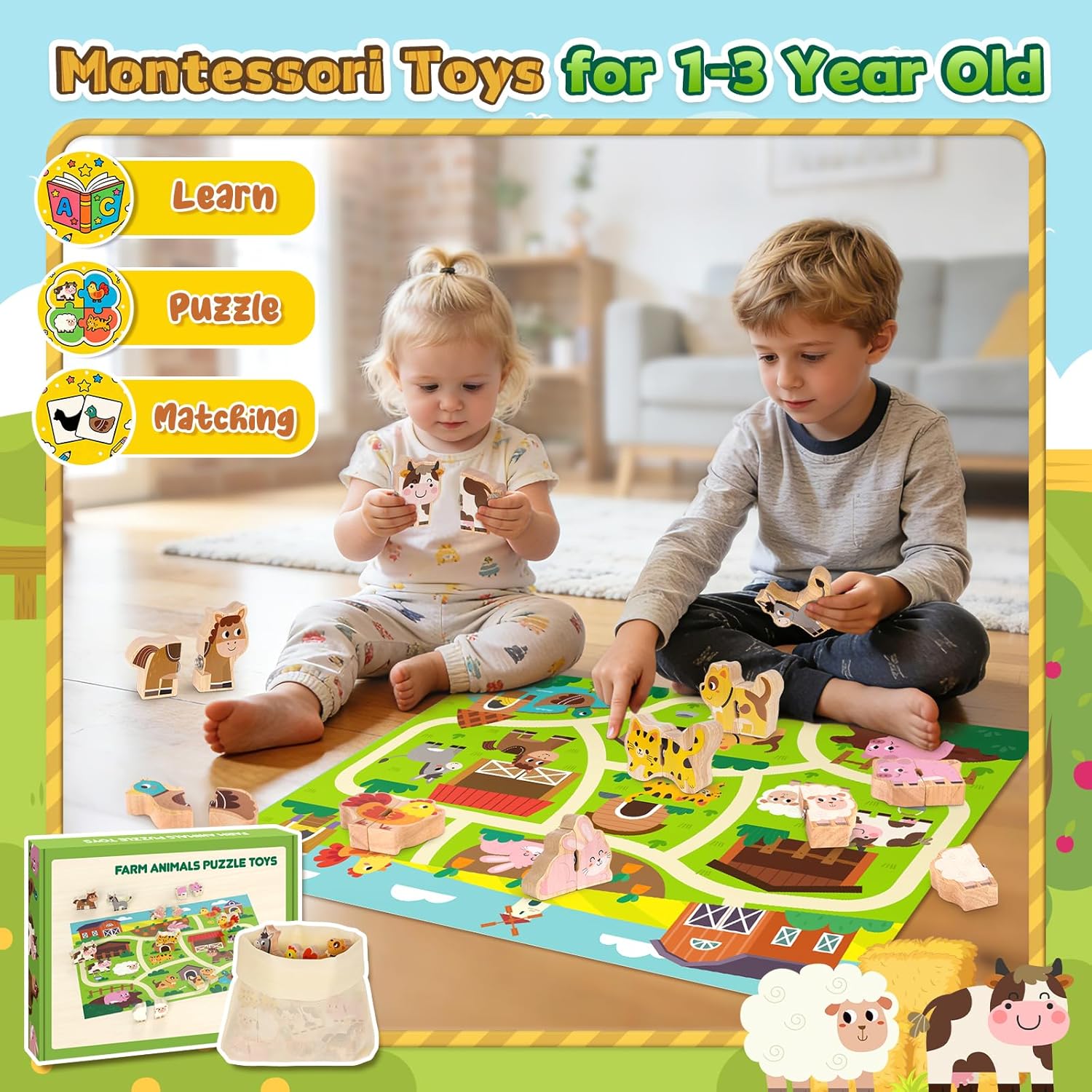 Detalle de Montessori-style wooden farm animal matching puzzle set for 1–3 year olds (10 snap fastener puzzles)