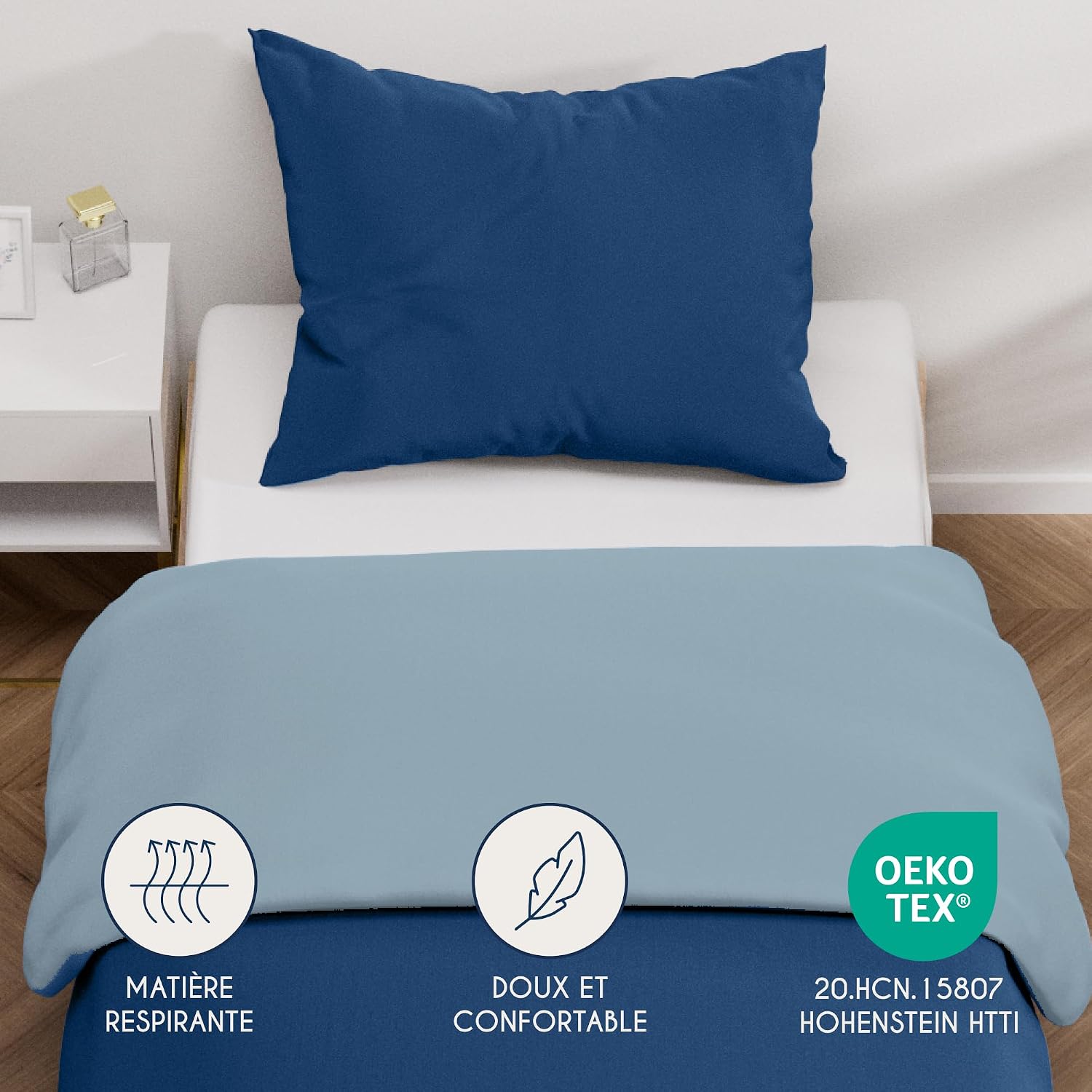 Thumbnail 1 de Dreamzie Housse de Couette 140x200 cm avec Taie Oreiller 65x65 cm – Bleu Foncé/Bleu Gris, Microfibre 100% brossée, Oeko-Tex