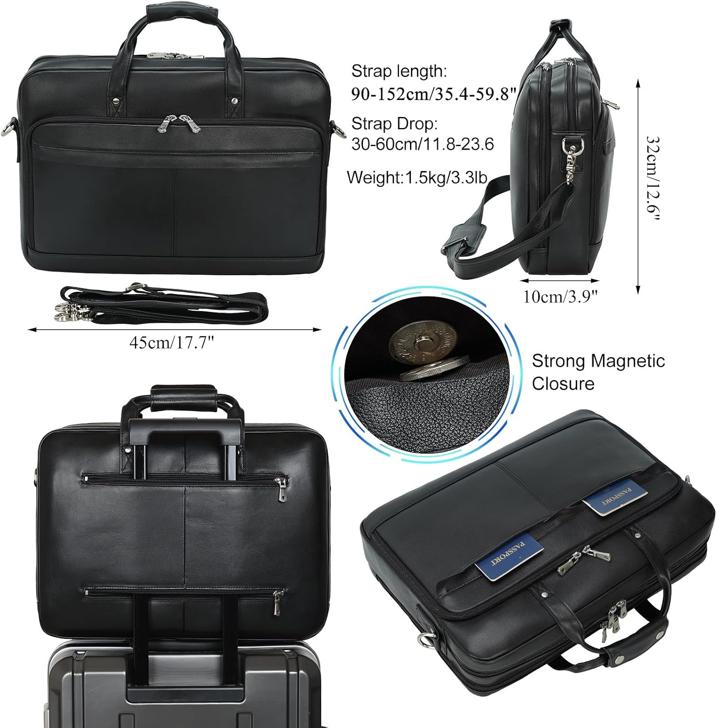 Thumbnail 2 de TIDING Men’s Leather Briefcase for 17 Inch Laptop (Calfskin, 17.7"), Black