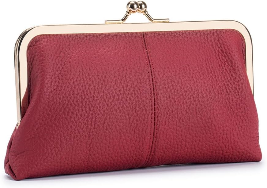 Detalle de AprinCtempsD Women's Genuine Leather Clutch Bag with Kiss Lock – Compact Long Wallet
