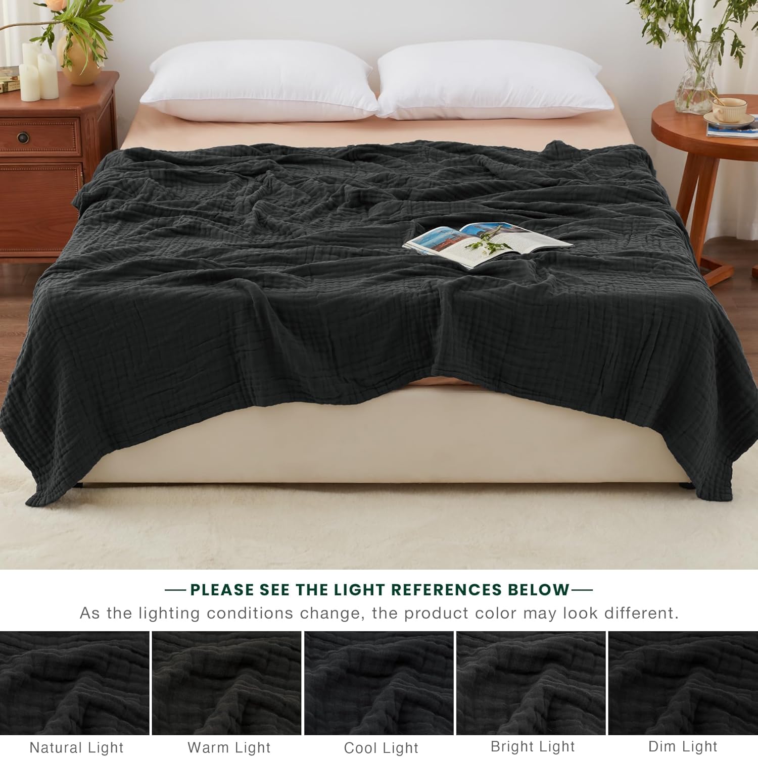 Thumbnail 5 de Love's Cabin 100% Cotton Muslin Blanket — 6-Layer Lightweight King Size (108 x 90 Inches) in Black
