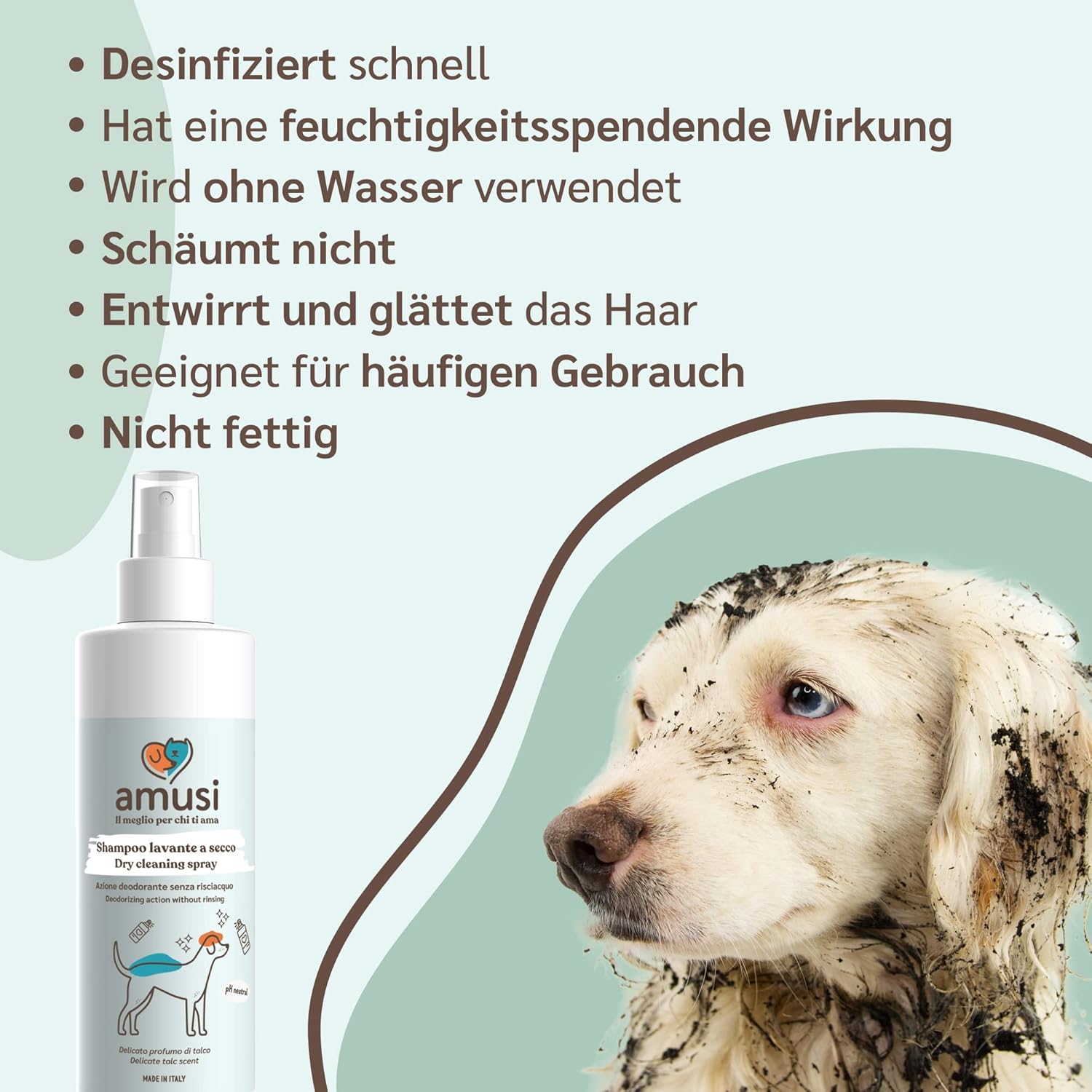 Detalle de amusi Spray für Hunde 250 ml – Flohshampoo gegen Juckreiz, pH-neutral, vegan und Made in Italy