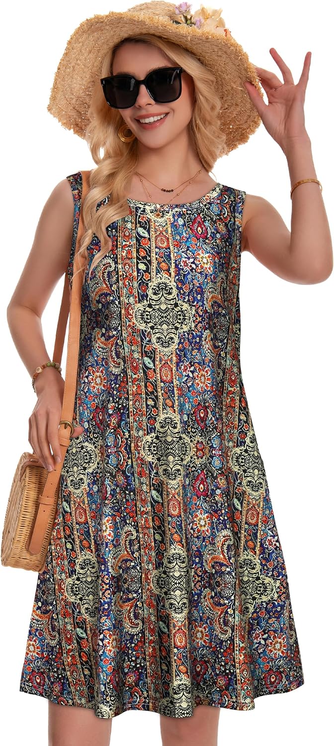 Detalle 2 de Summer Dresses for Women Beach Boho Sleeveless Vintage Floral Flowy Pocket Tshirt Tank Sundresses 2026