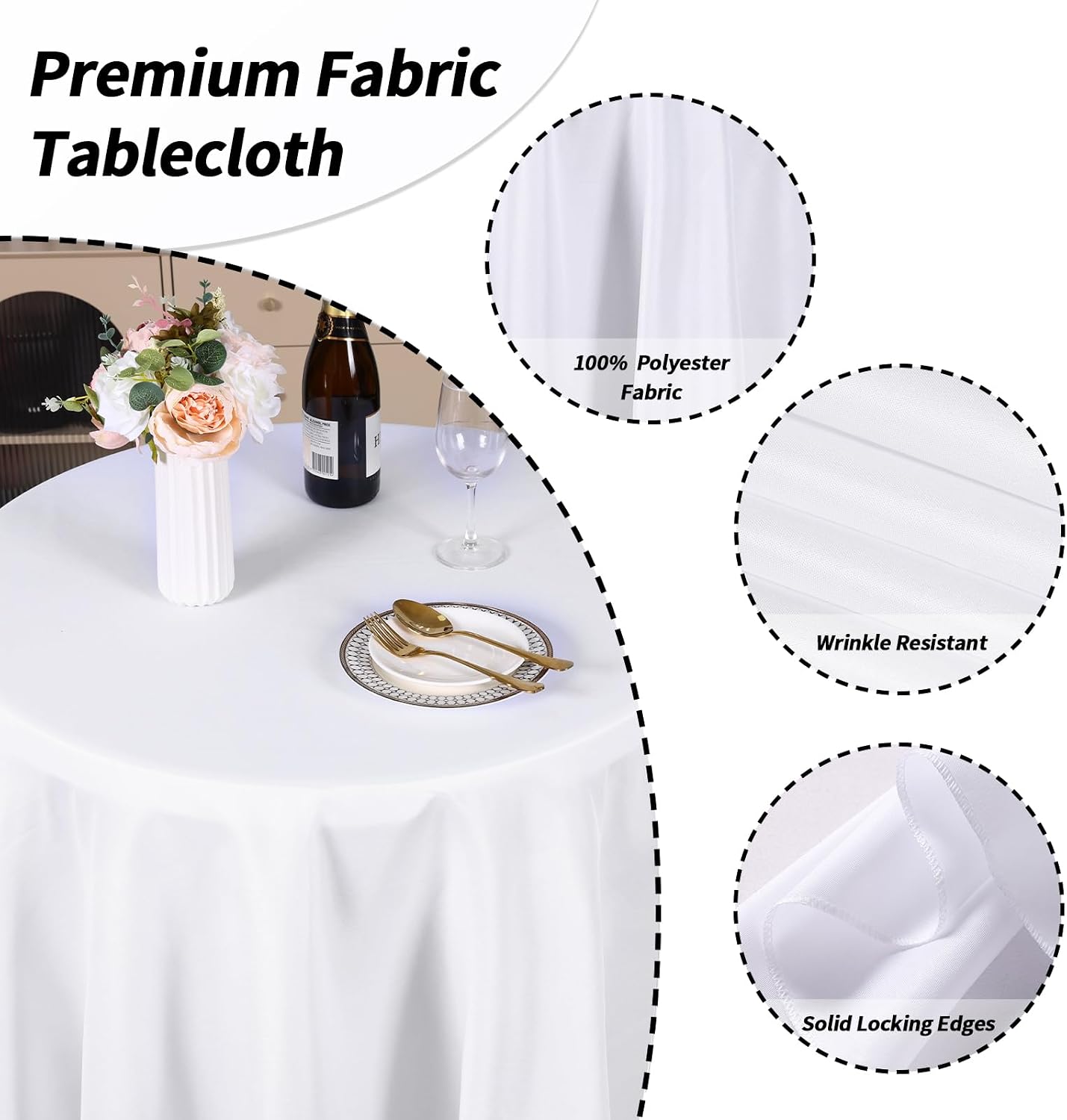 Detalle 2 de Fixwal 6-Pack White Round Tablecloth, 120-Inch - Premium Polyester, Washable and Fade-Resistant