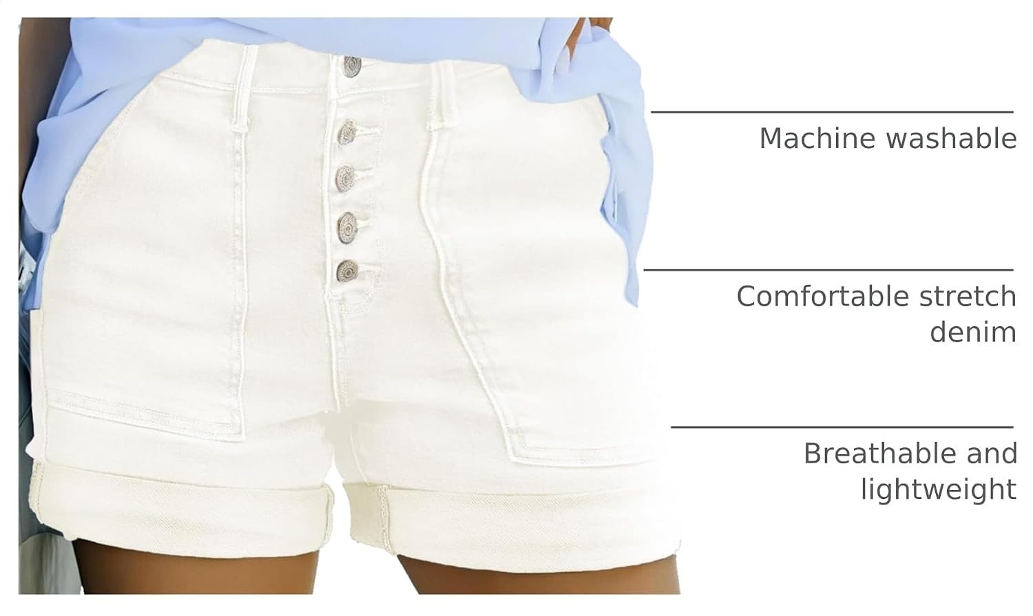 Detalle de Sidefeel Women's High-Waisted Stretch Denim Shorts with Buttoned Folded Hem