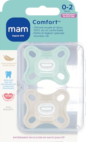 Thumbnail 1 de MAM Sucette Comfort – Lot de 2 tétines 0-2 mois, Bleu/Beige, silicone 100%