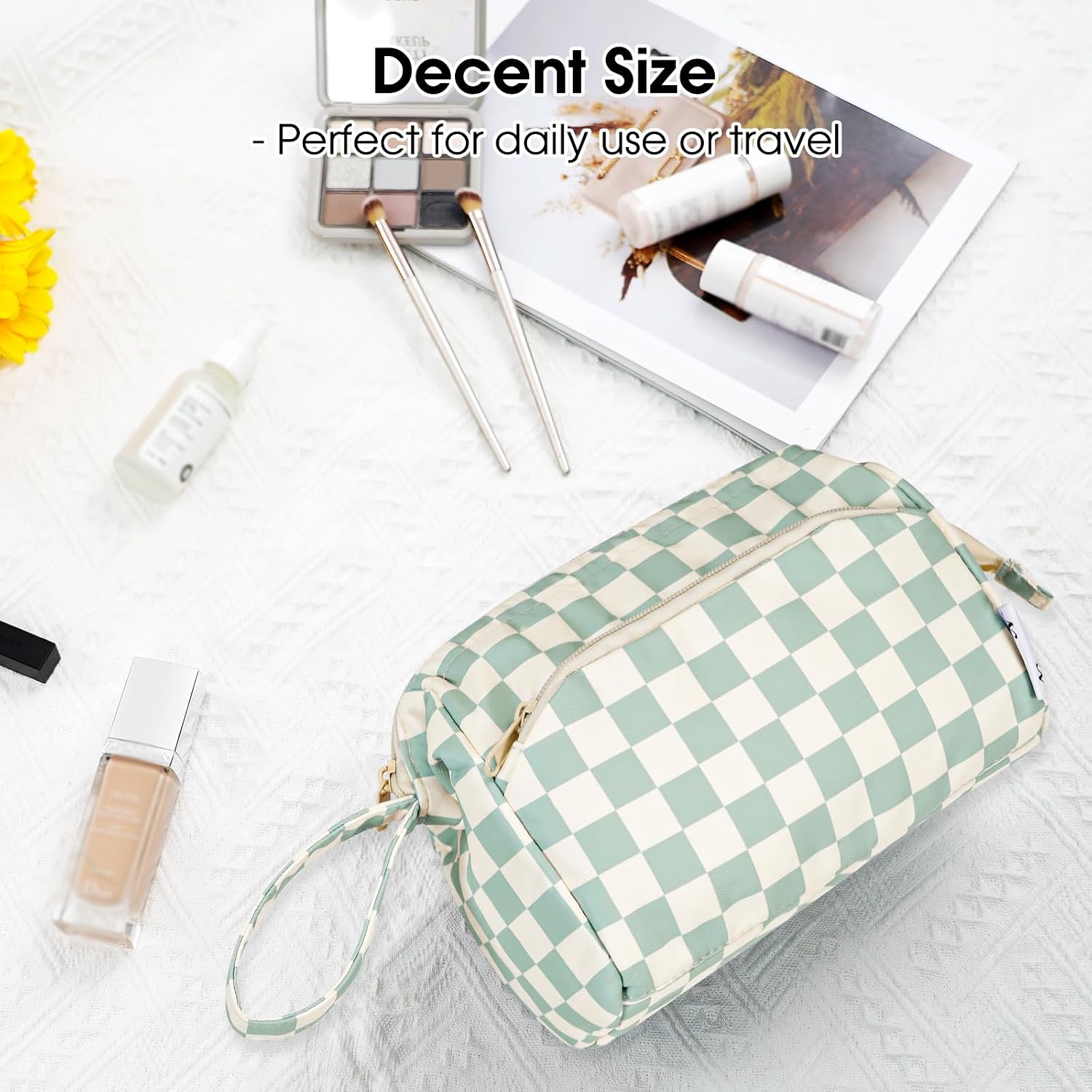 Thumbnail 5 de Narwey Large Makeup Bag Wide-Open Zipper Pouch (Mint Green Checkerboard)