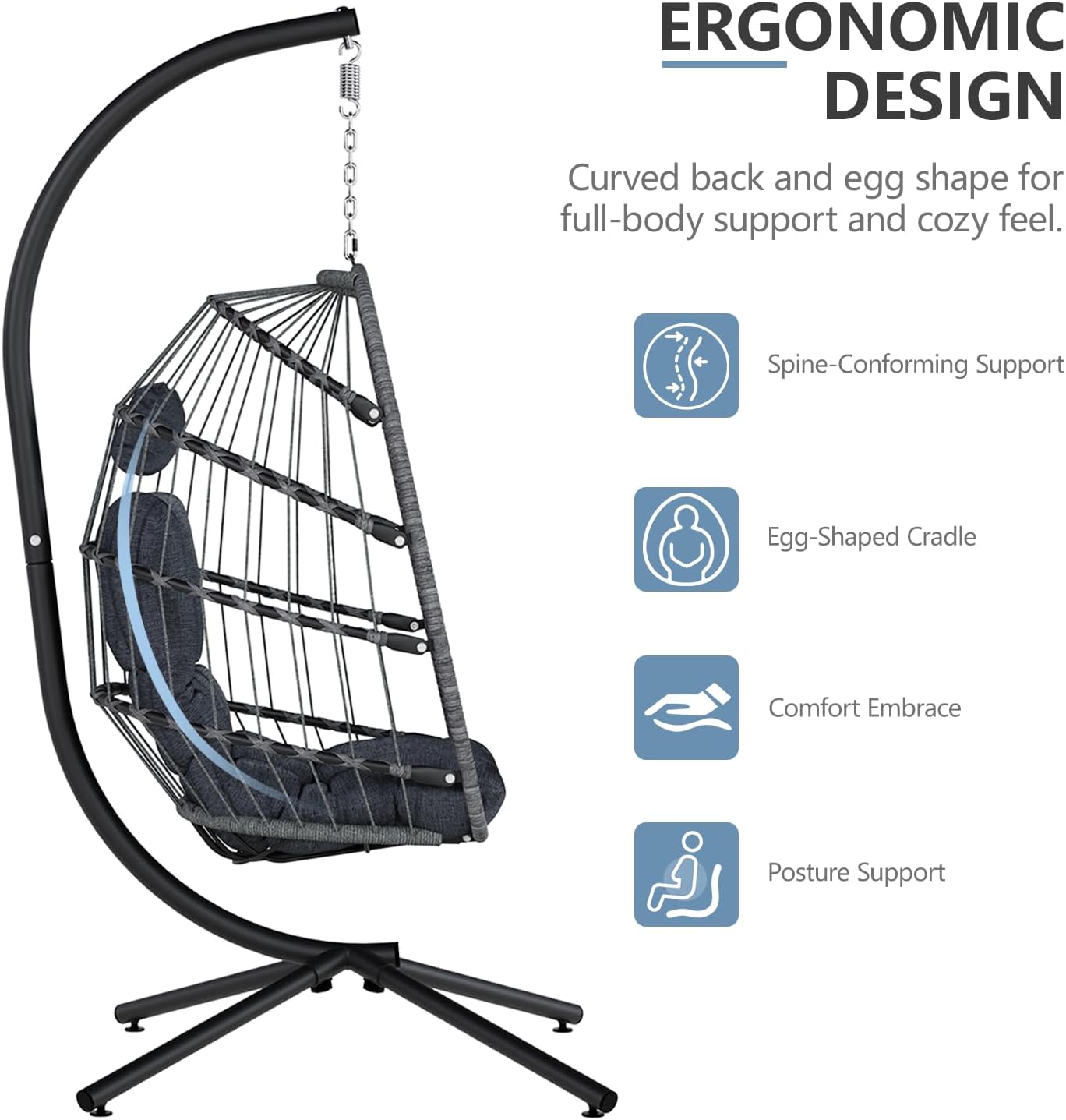 Detalle de SWITTE Egg Chair Outdoor Wicker Swing Chair with Stand, Dark Grey
