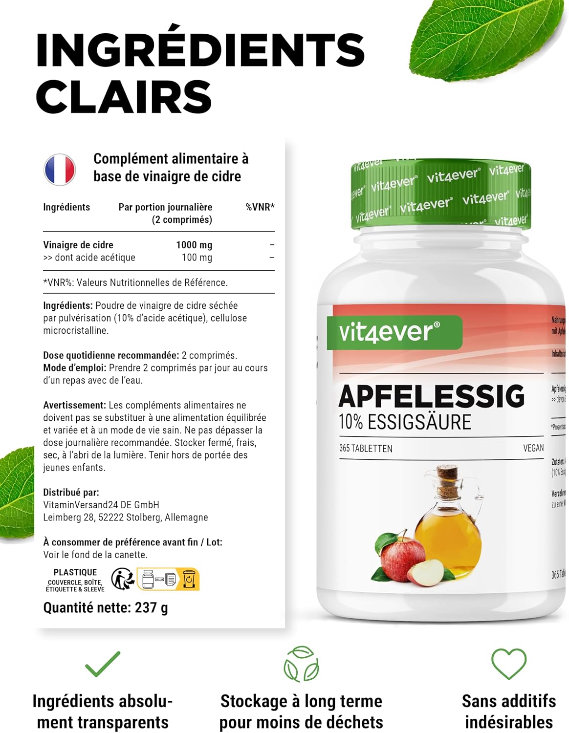 Thumbnail 4 de Vinaigre de cidre en comprimés – 365 comprimés Forte Dose (1000 mg par portion journalière) avec 10% d’acide acétique