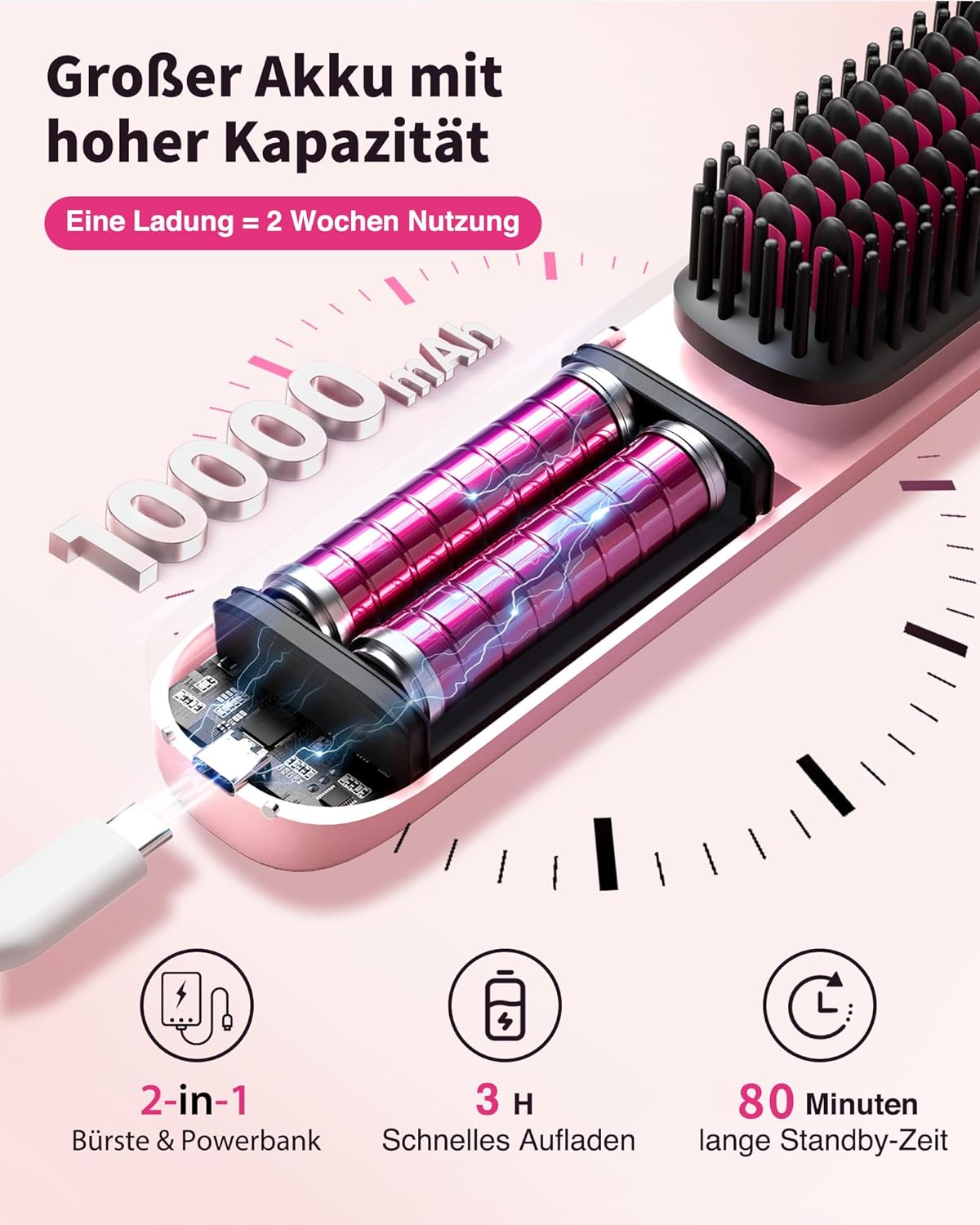 Detalle de Bopcal Glättbürste Kabellos 10000mAh – 3 in 1 Haarglätter & Entwirr-Kamm mit USB-C