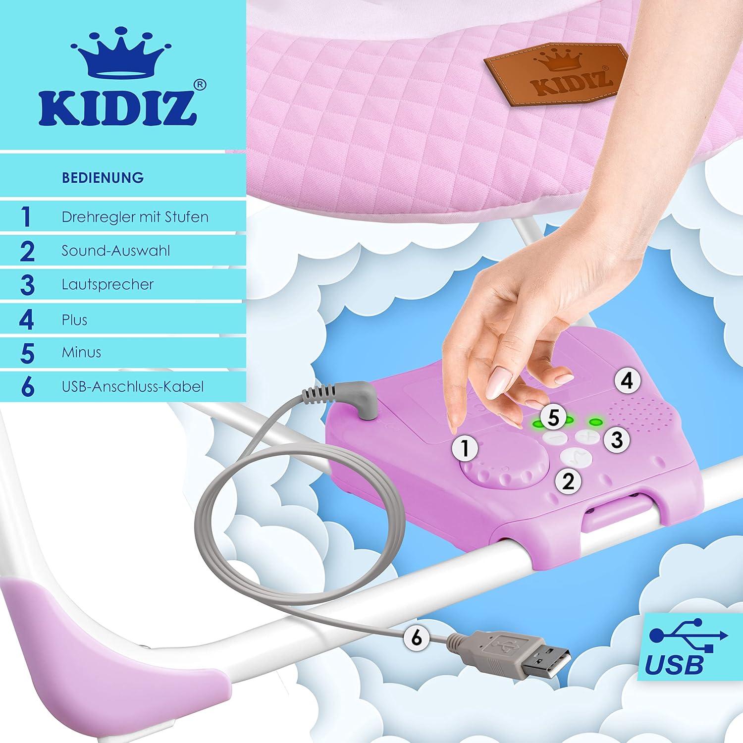 Thumbnail 5 de KIDIZ Babywippe Babyschaukel mit 5 Geschwindigkeiten – faltbar, mit Spielbogen und 5 Naturgeräuschen (Pink)