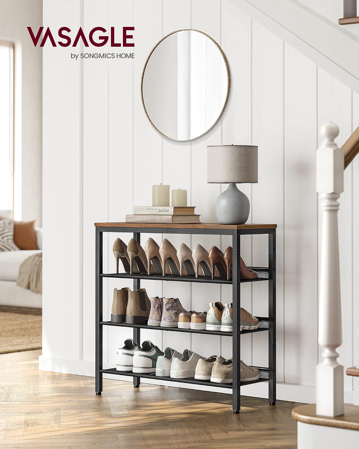 Detalle de VASAGLE Dacey LBS040B01 4-Tier Shoe Rack, Adjustable Mesh Shelves