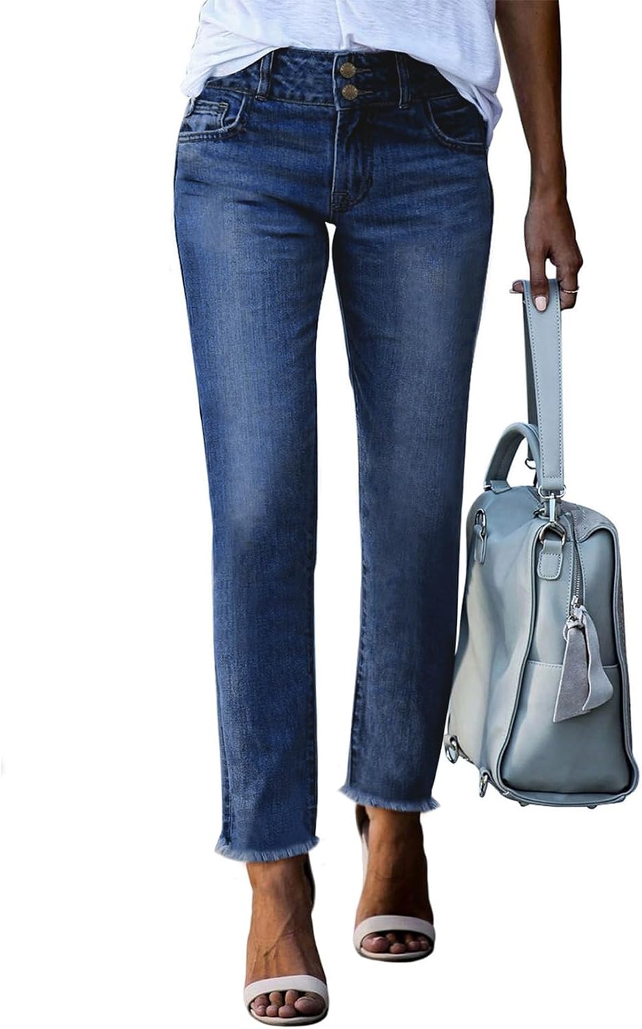 Detalle de Sidefeel Women's Raw-Hem Straight-Leg Jeans, High Waist, Double Button