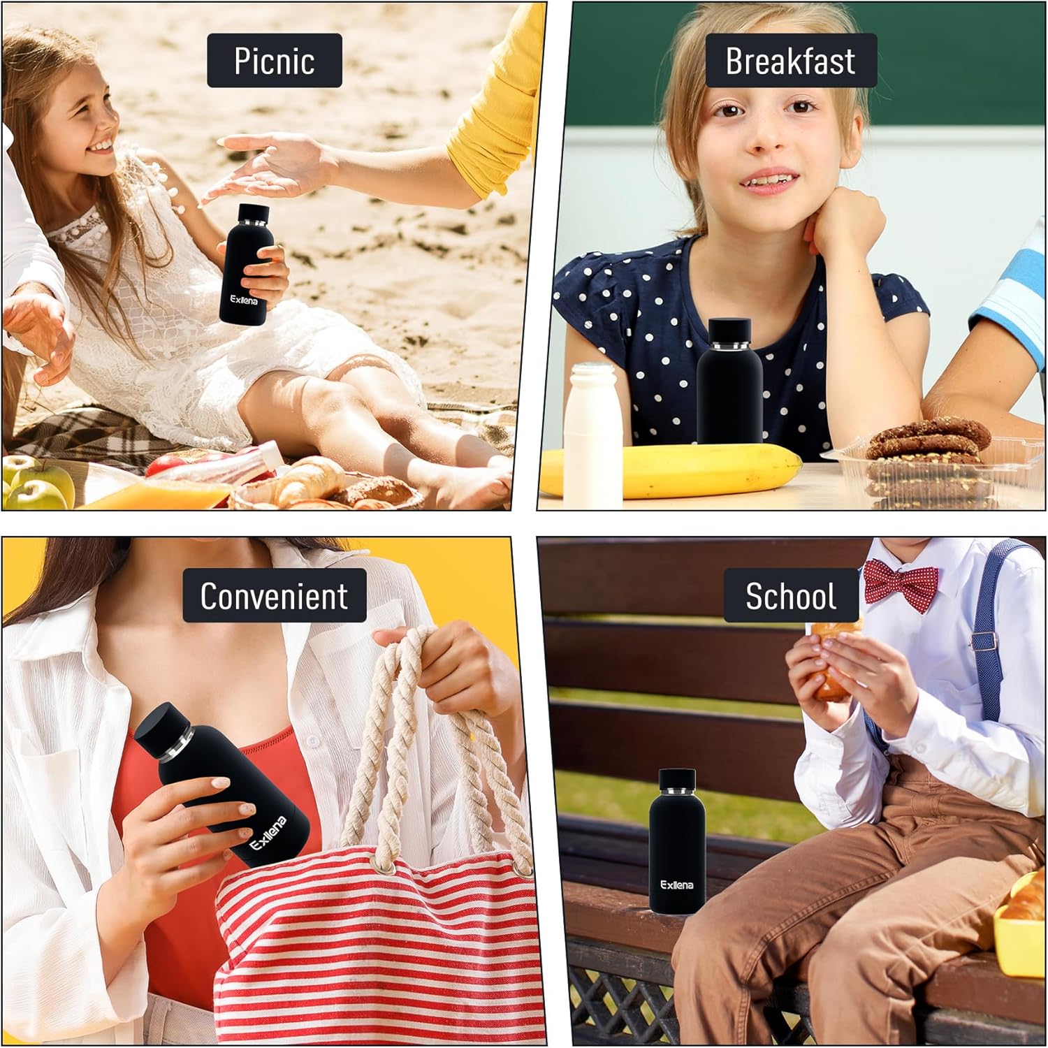 Detalle 2 de Exllena 350ml Double Wall Vacuum Insulated Bottle with Clip (Black) – Keeps Drinks Cold for 24h, Hot for 12h