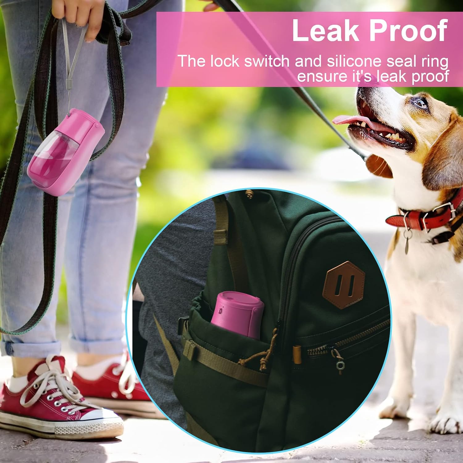 Detalle de Gezimetie Dog Water Bottle (300ML) – Foldable, BPA-free travel dispenser with filter and spill-lock