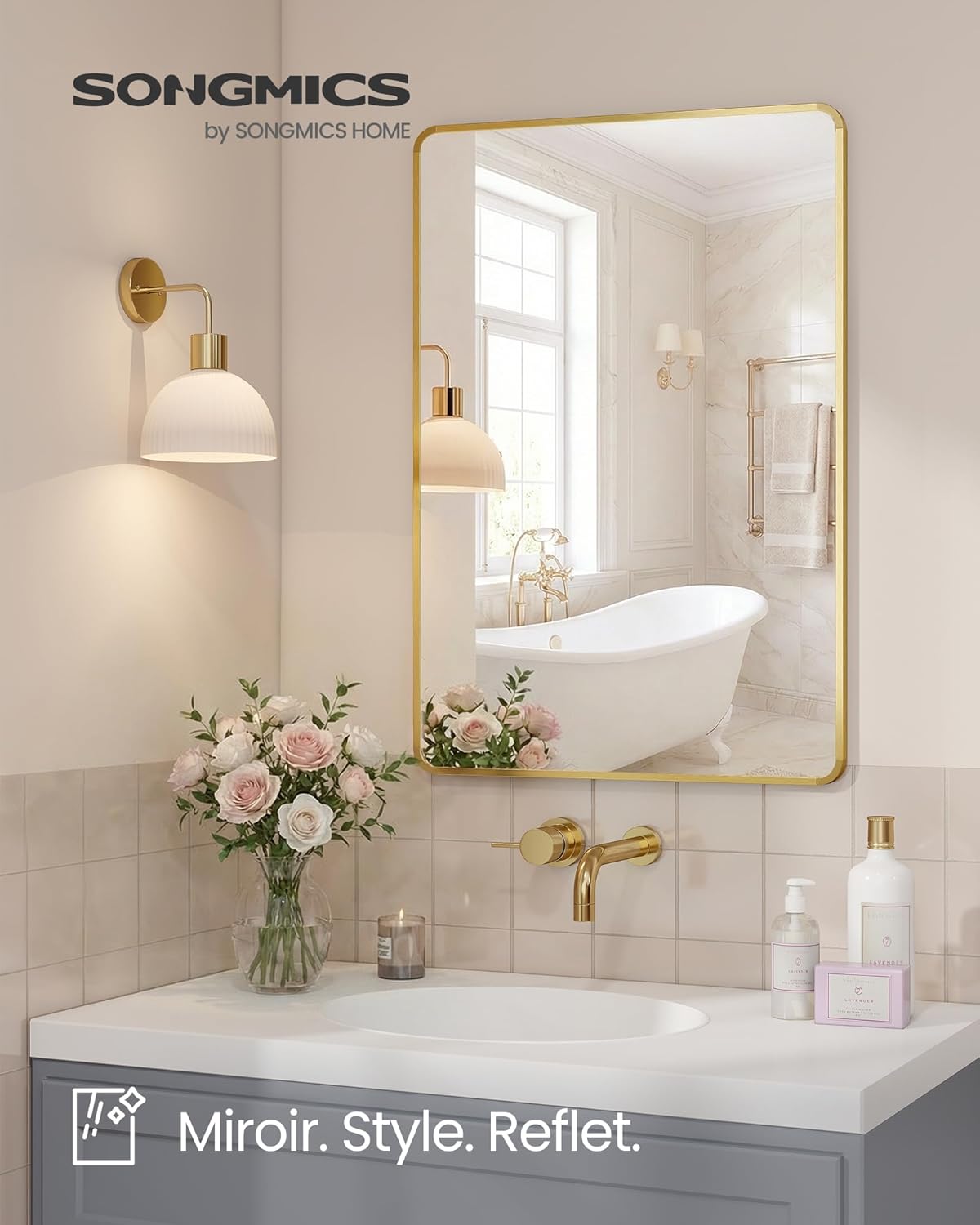 Thumbnail 1 de SONGMICS Miroir Salle de Bain LWM010AB01 – Miroir Mural Rectangulaire en Aluminium doré clair 91 x 61 cm
