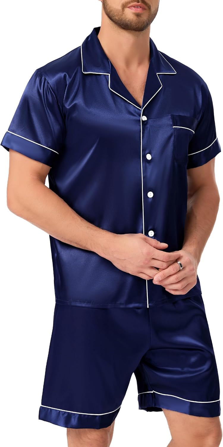 Thumbnail 4 de Lovasy Mens Pyjamas Set 2 Piece Silk Satin PJS — Short Sleeve Button-Down