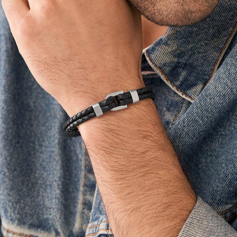 Thumbnail 2 de Fossil bracciale da uomo in pelle con chiusura magnetica, argento lucido