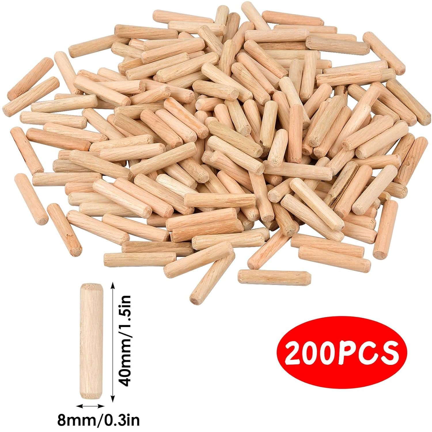 Thumbnail 1 de 200PCS Wooden Dowel Pins (Hardwood) 8mm x 40mm for furniture woodwork