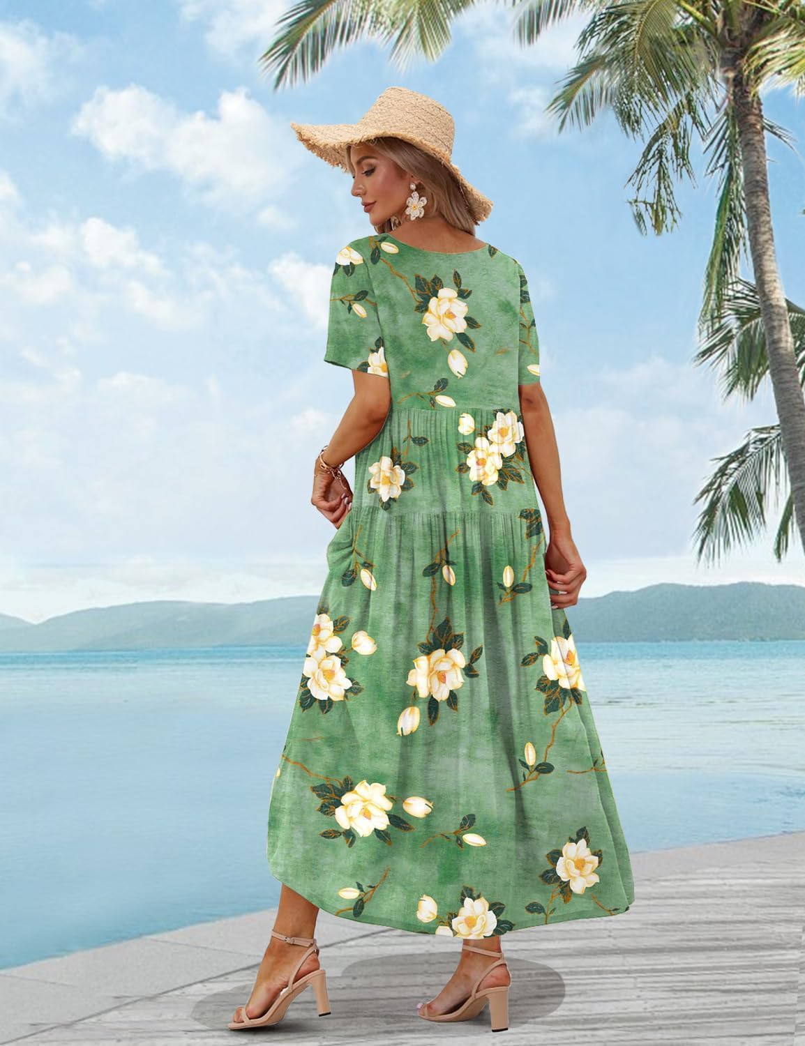 Detalle 2 de YESNO Women Casual Loose Bohemian Floral Dress with Pockets – Maxi Summer Swing