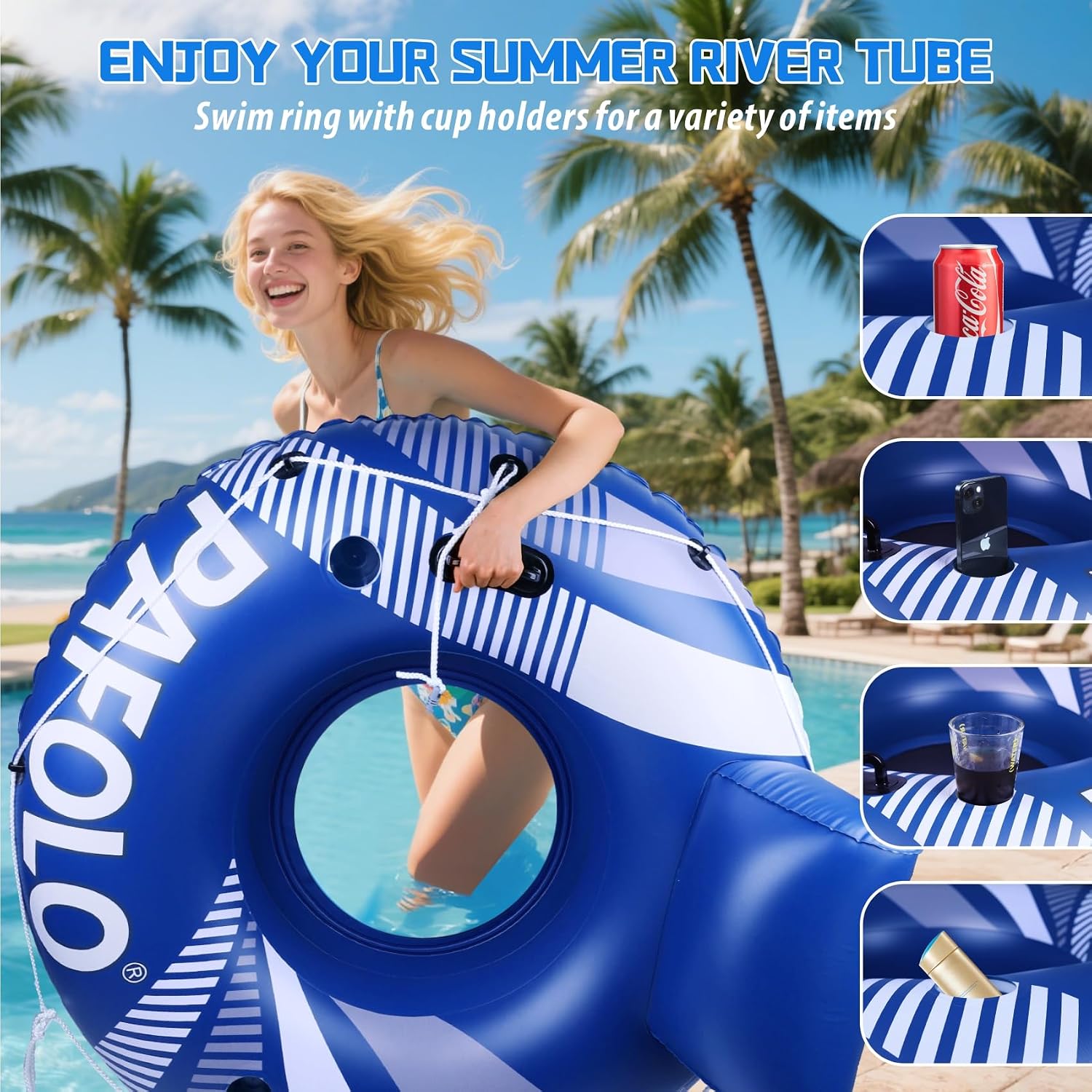 Detalle de PAFOLO 53” Heavy-Duty Pool Floats for Adults with Headrest, Mesh Seat, Grab Rope, Cup Holders and Dual-Seal—Ideal River, Lake, Pool