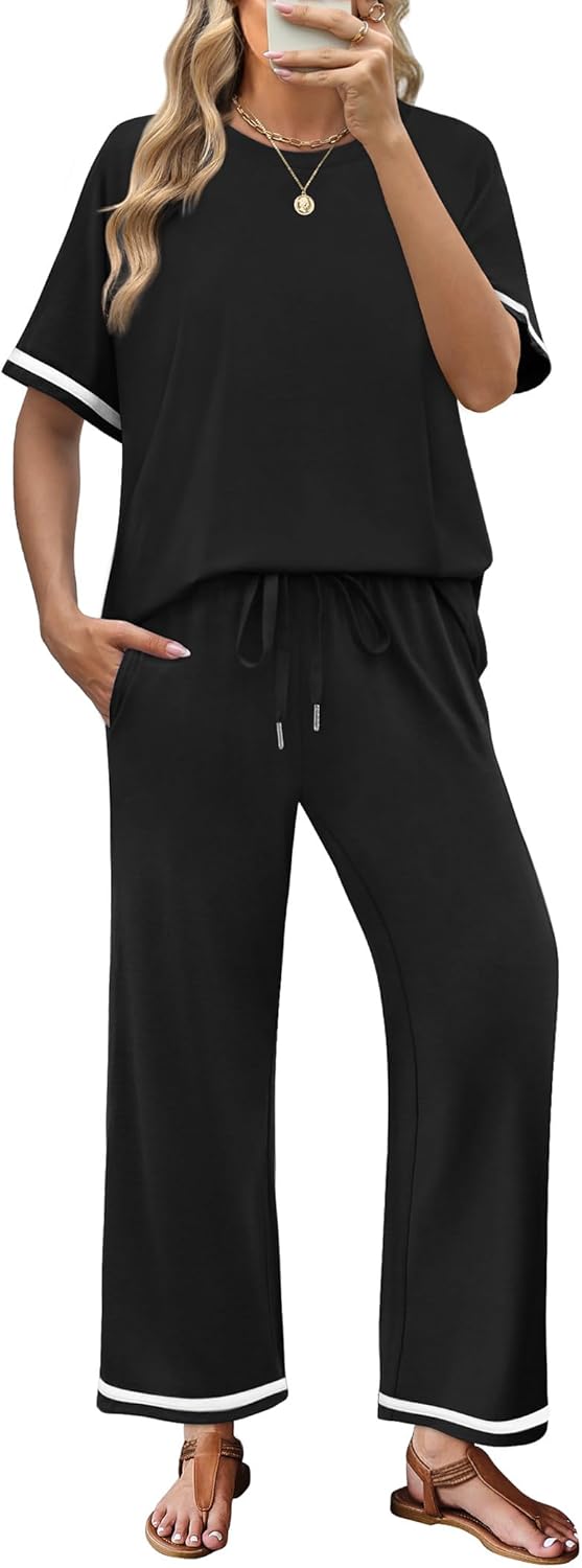 Detalle de Sampeel 2 Piece Sets for Women: Casual Summer Lounge Set with Short Sleeve Top and Wide-Leg Pants