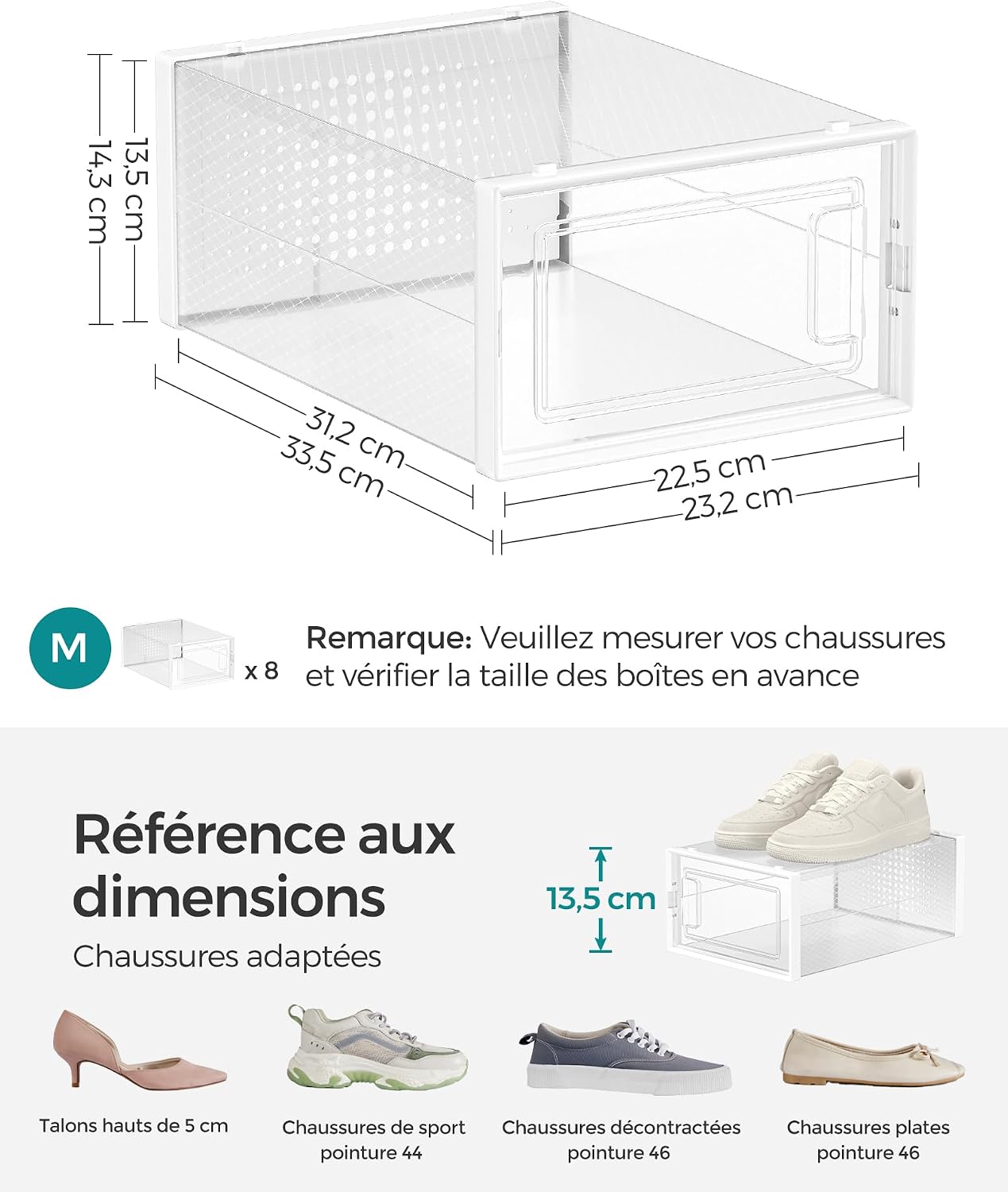 Detalle 2 de SONGMICS lot de 8 boîtes à chaussures pliables LSP08SWT (jusqu’à la pointure 44) transparentes et blanches