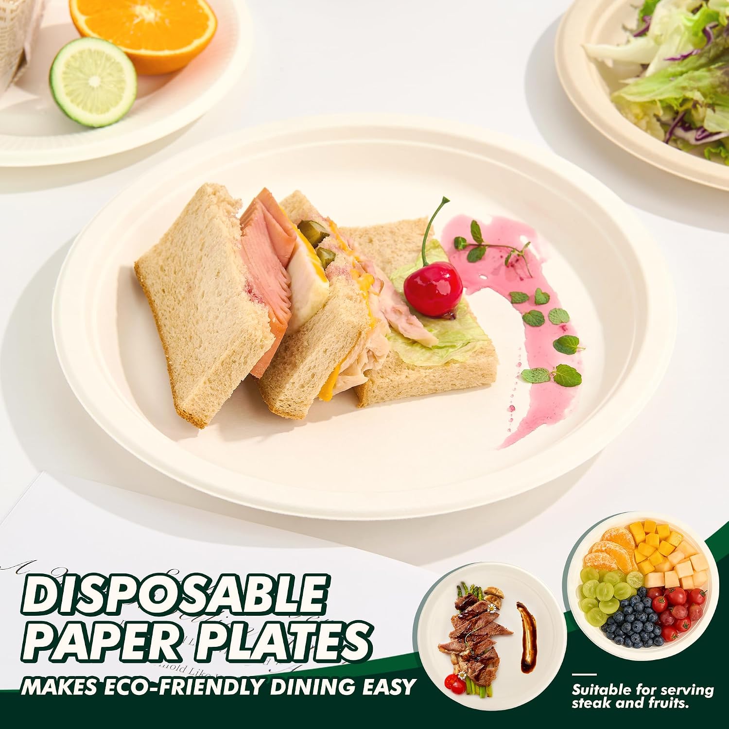 Detalle 2 de CELLURA 10 Inch 150 Pack Compostable Plates: Heavy-Duty, Microwave-Safe Sugarcane Fiber Disposables