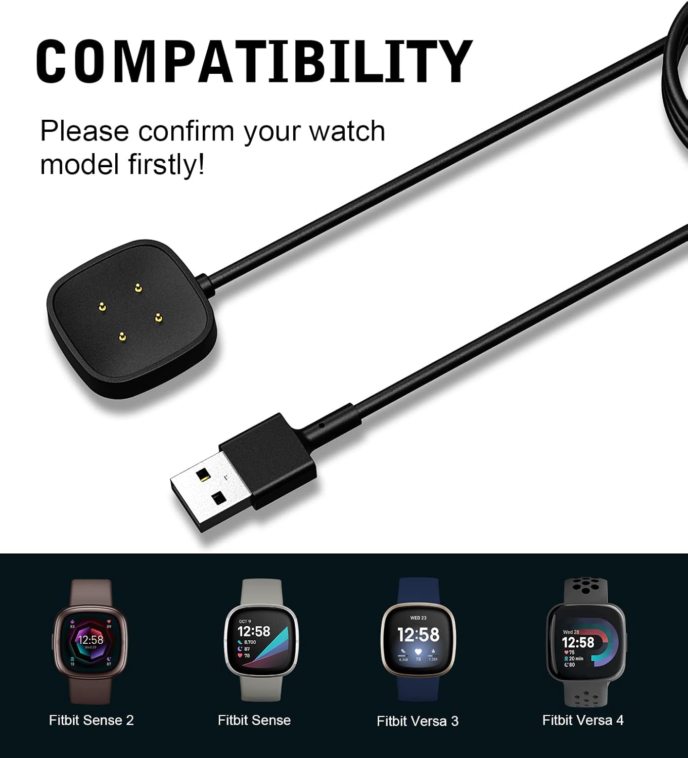 Detalle de MoKo Magnetic Replacement Charger for Fitbit Versa 4/Versa 3/Sense 2/Sense — USB Cable 1m, Black