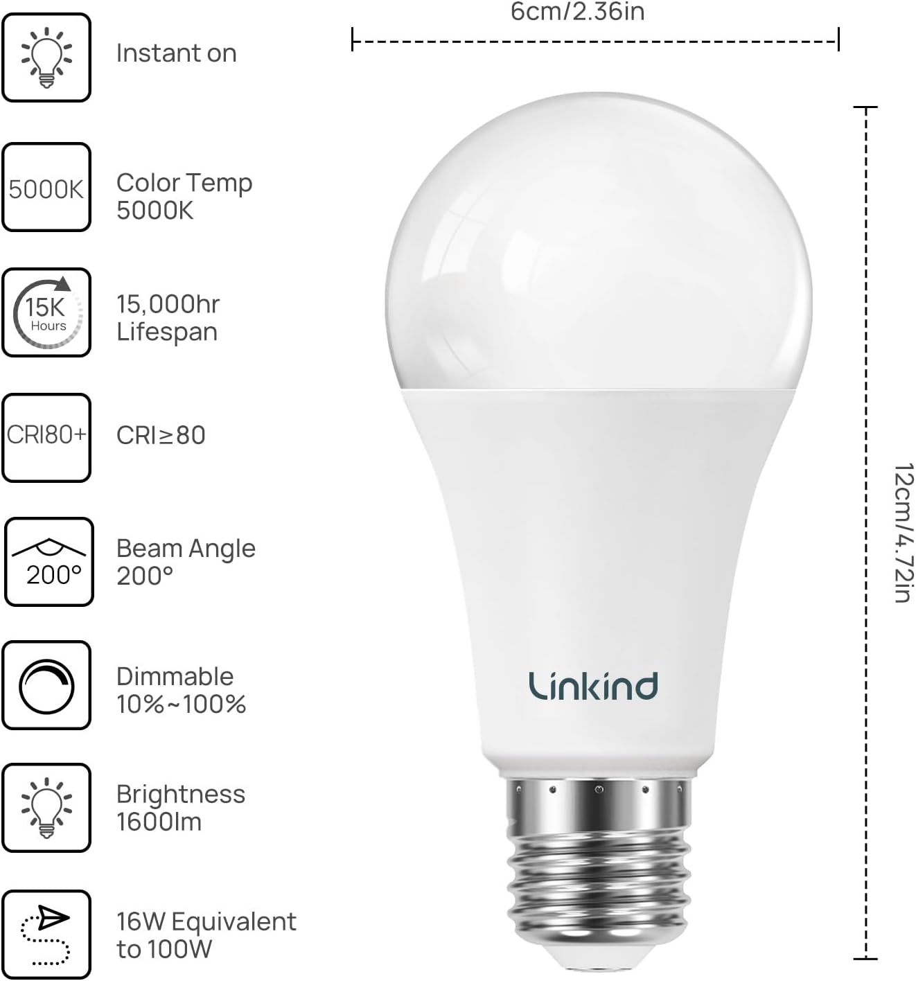 Detalle de Linkind A19 LED Bulbs, 100W Equivalent, 5000K Daylight, Dimmable, 6-Pack