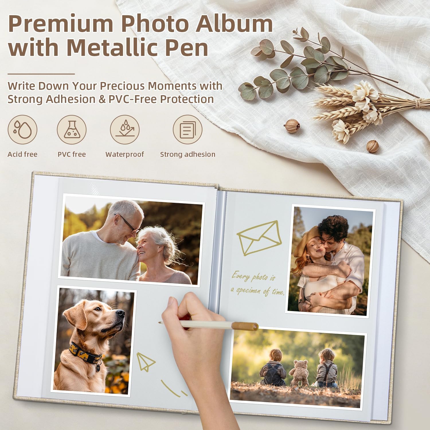 Detalle de popotop photo-03 Self-Adhesive Photo Album, Beige Linen, 80 Pages