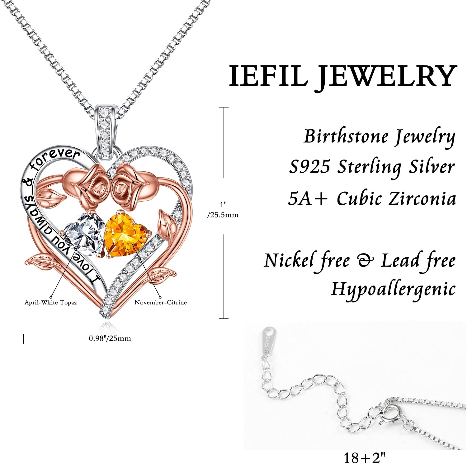 Thumbnail 4 de Iefil Rose Heart Double Birthstone Necklace for Wife – Birthstone Jewelry Gift